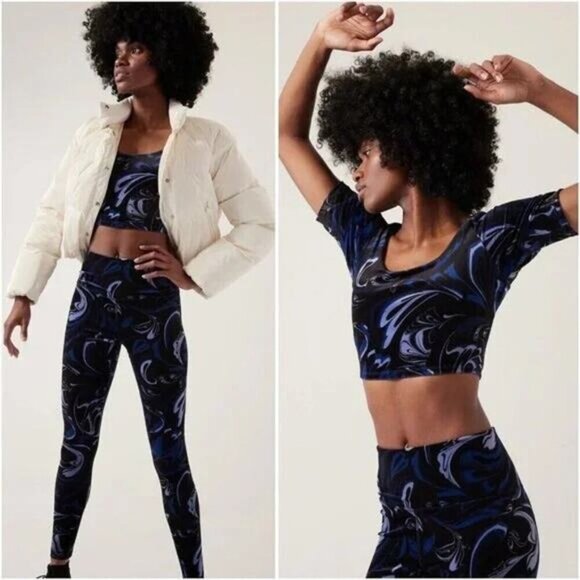 NWT ATHLETA Exhilarate Velvet Crop Top Bra A-C Sz Medium In Agate Paisley Black - Picture 2 of 6